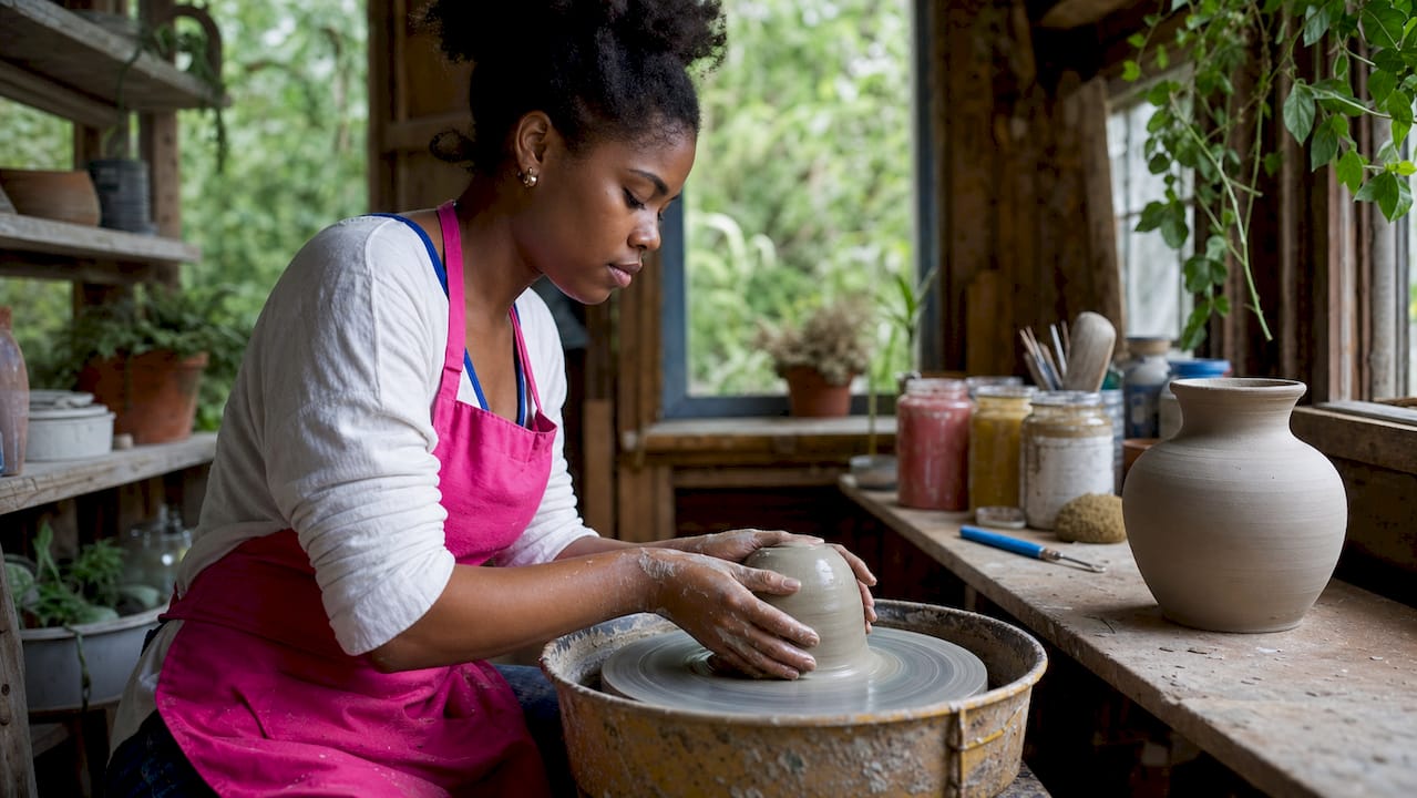 Hands shaping pottery on wheel in creative workshop