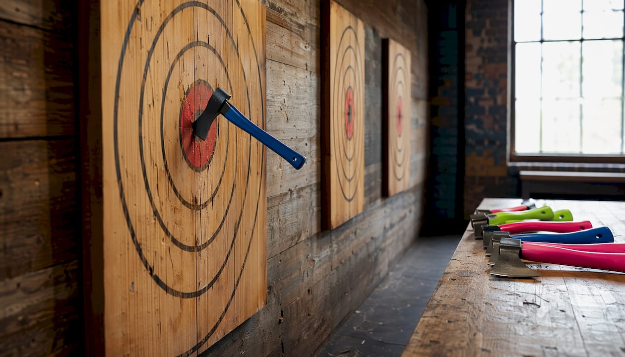 Axe hitting bullseye on wooden target close-up