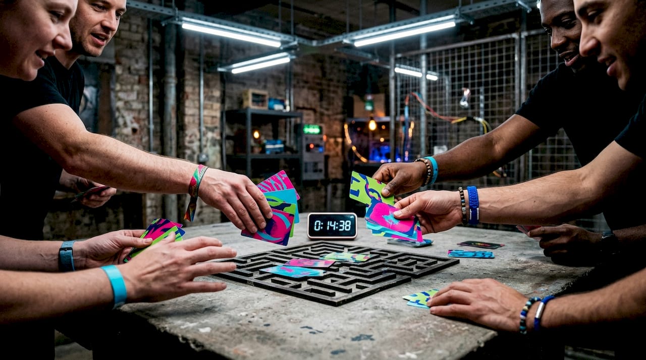 Hands exchanging clues in escape room