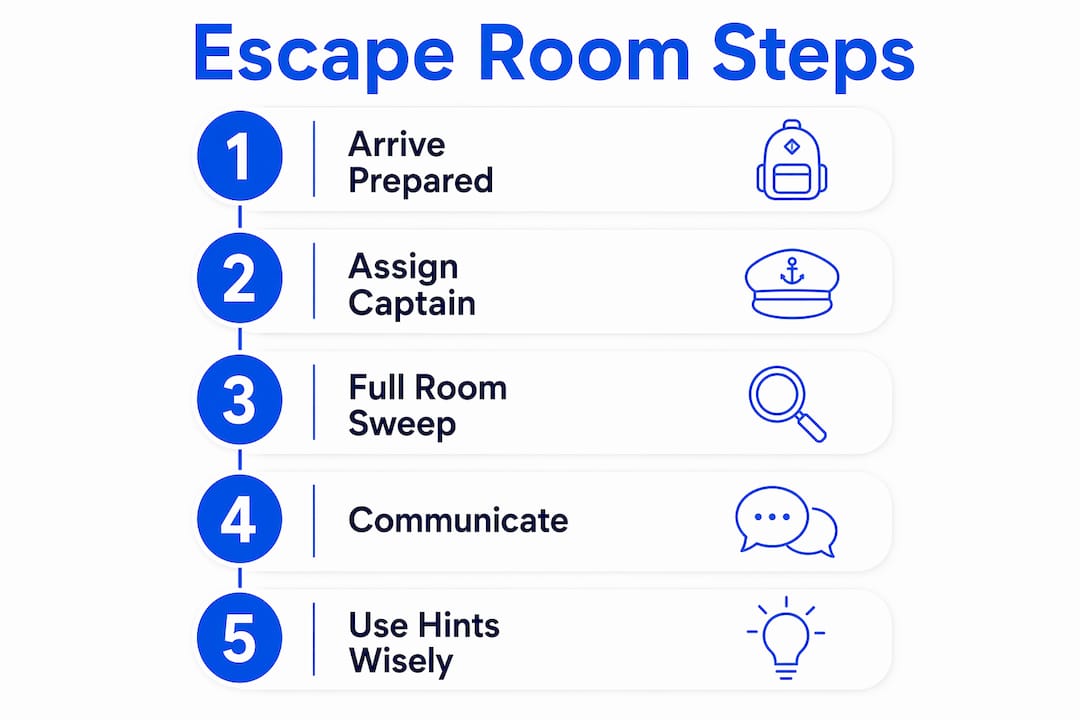 Infographic showing 5 step escape room strategy