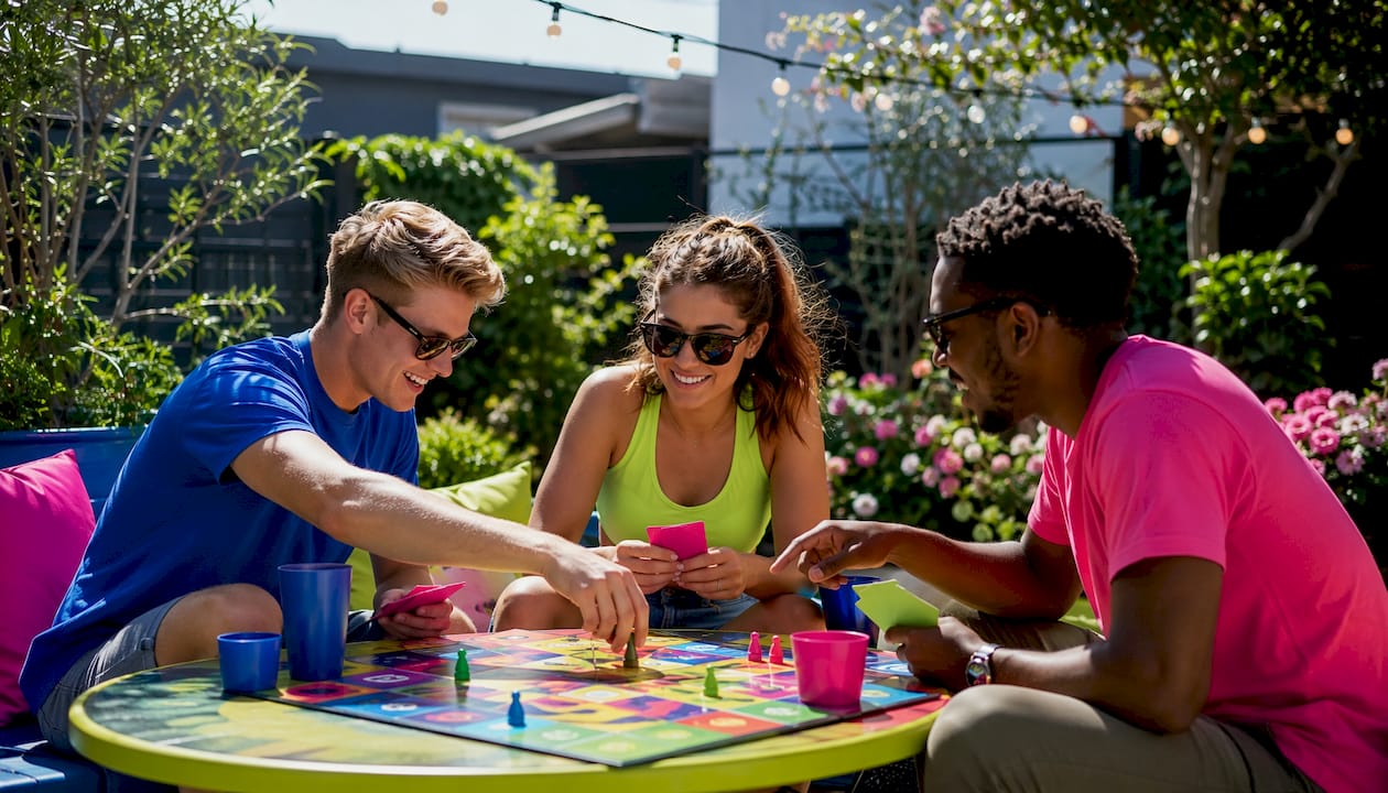 Hands playing party board game in café
