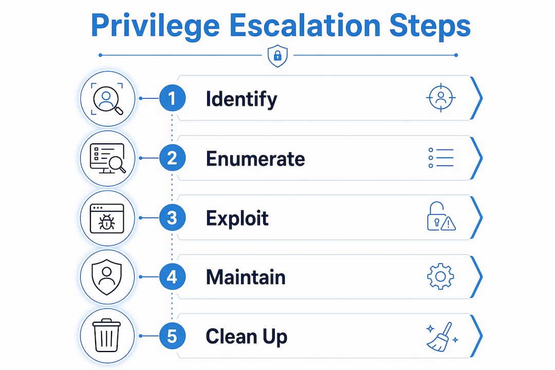 Infographic showing 5 Linux privilege escalation steps