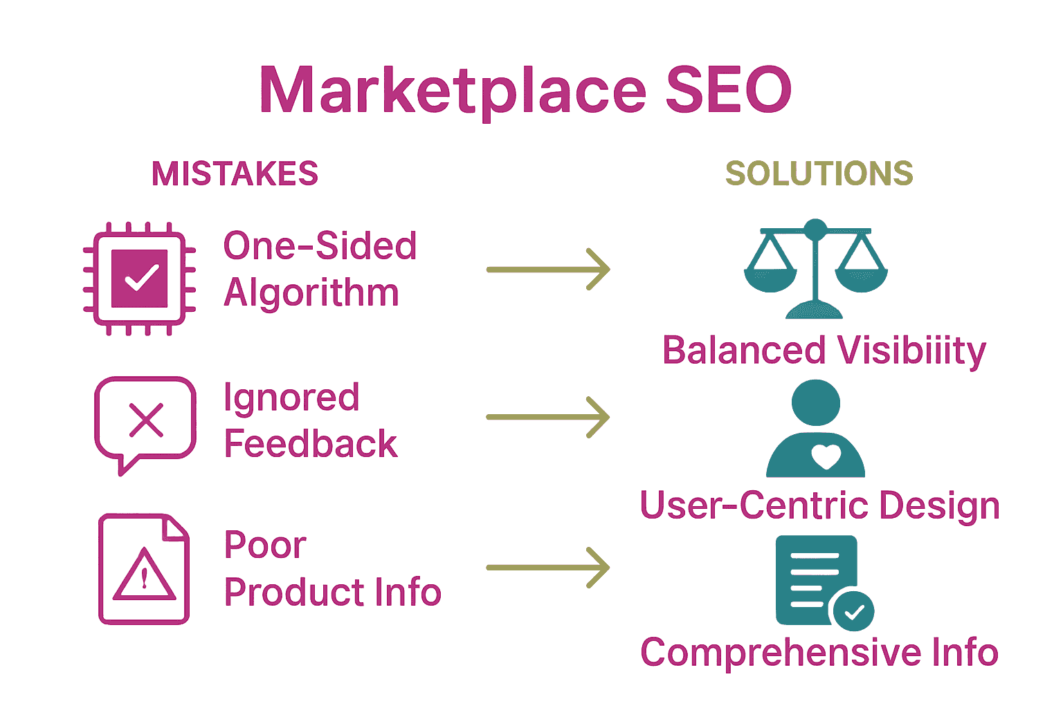 Infographic comparing common marketplace SEO mistakes with effective solutions