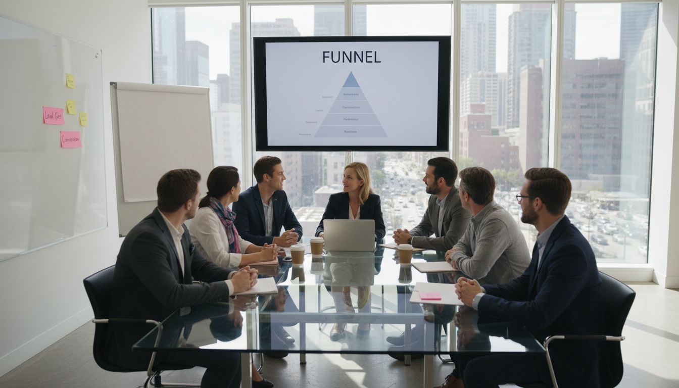 Office team reviewing marketing funnel diagram
