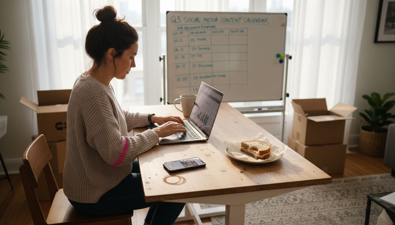 Ecommerce owner at desk managing social media tasks