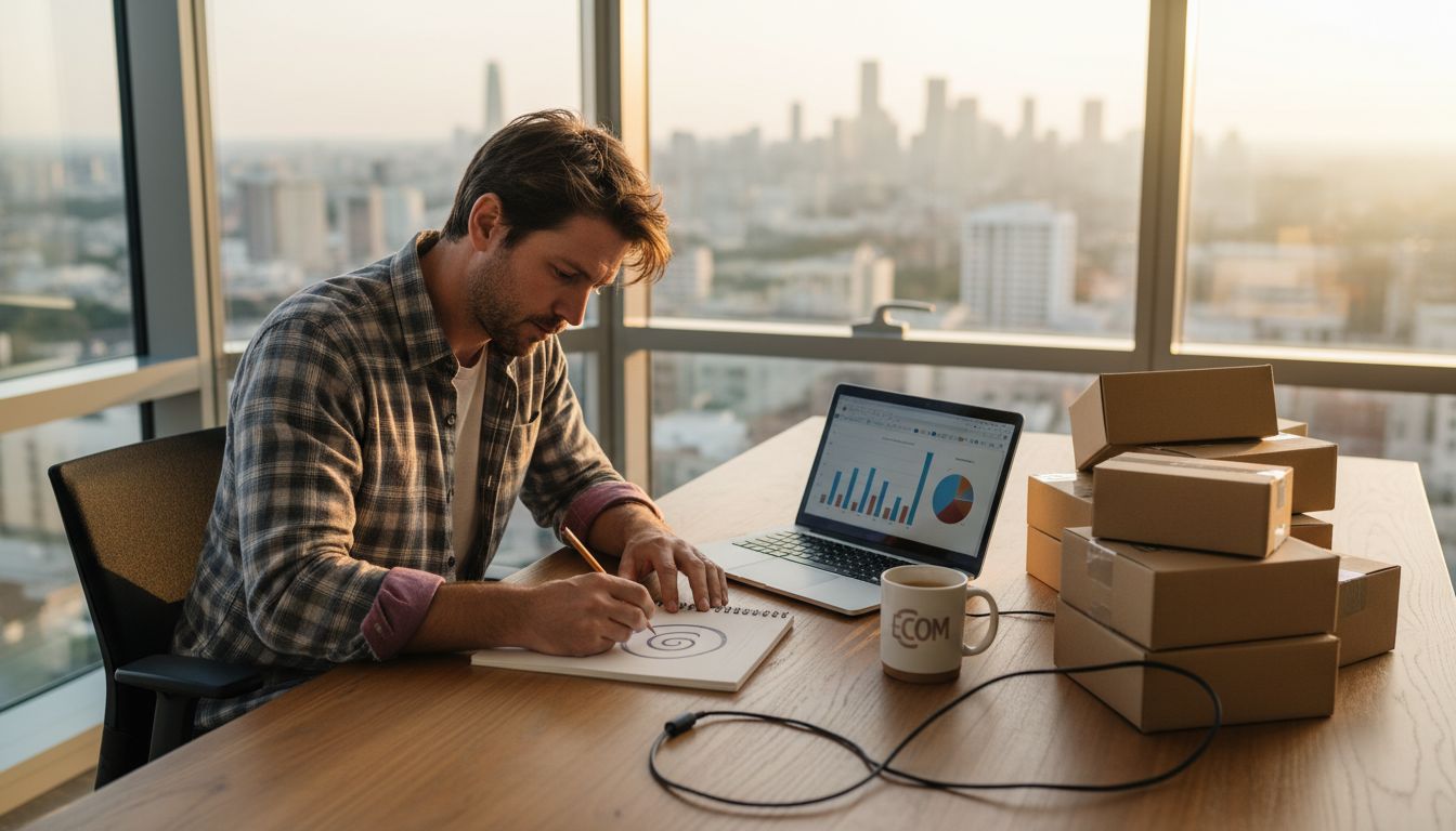 eCommerce manager drafts branding at bright office desk