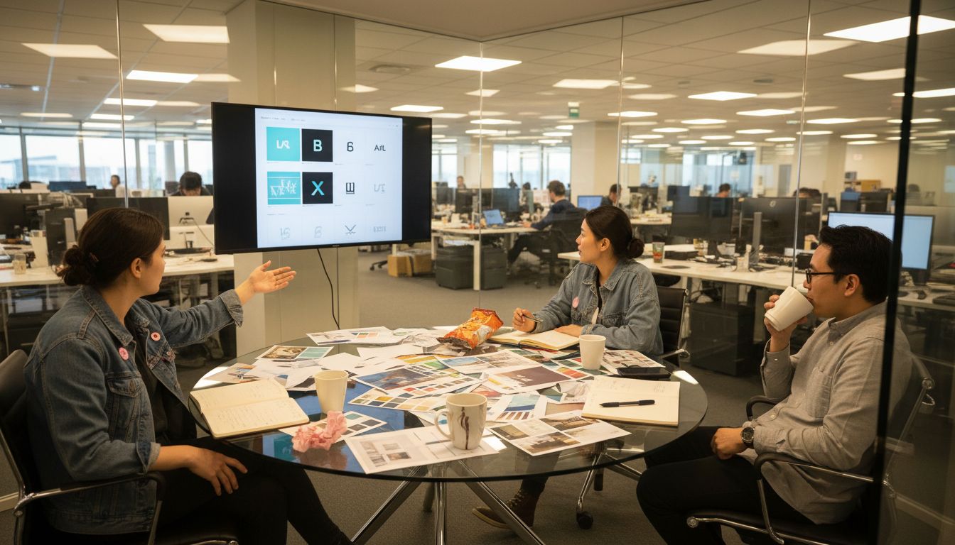 Team reviews branding mood boards in meeting