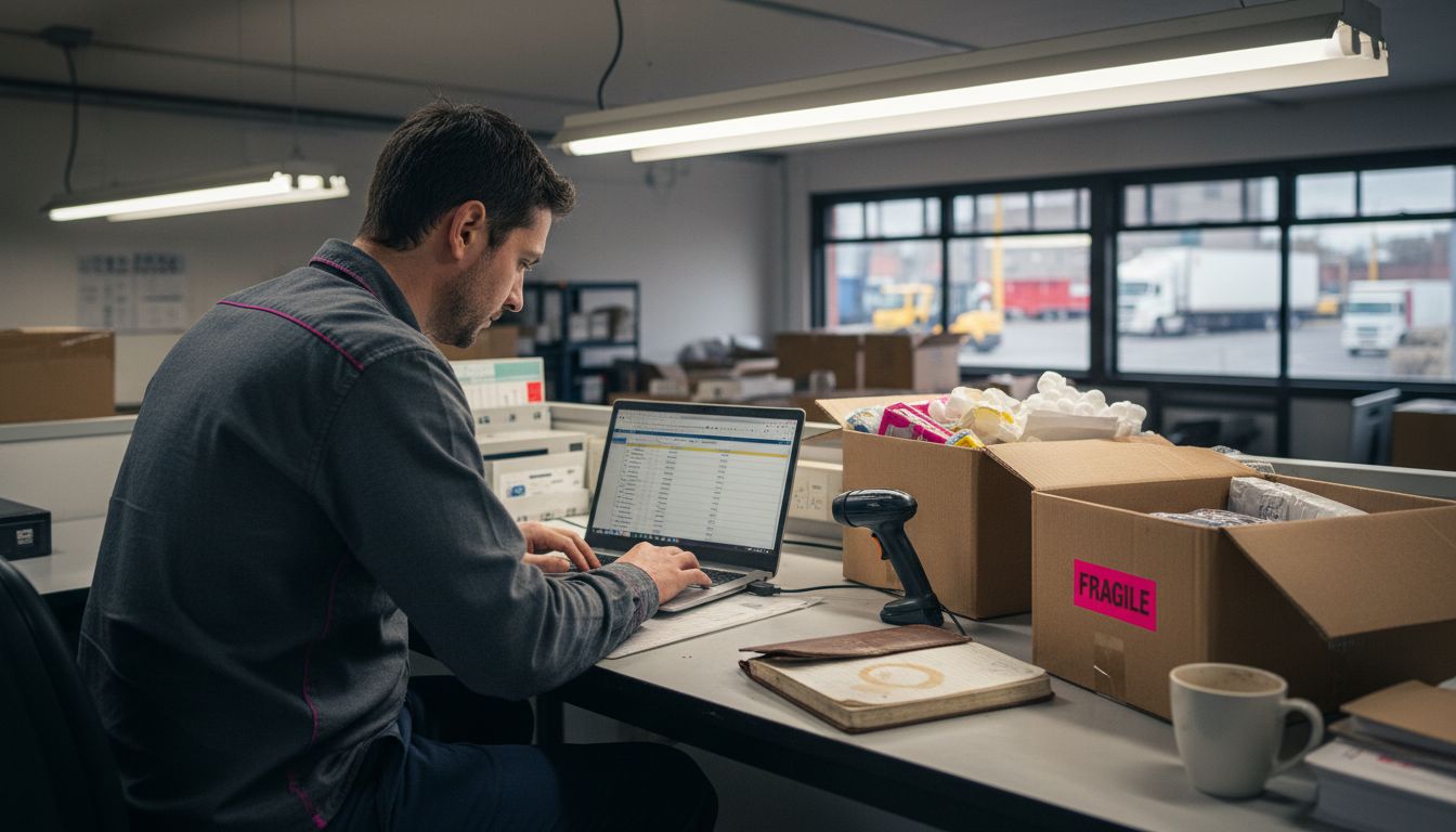 Ecommerce manager working at laptop in stockroom