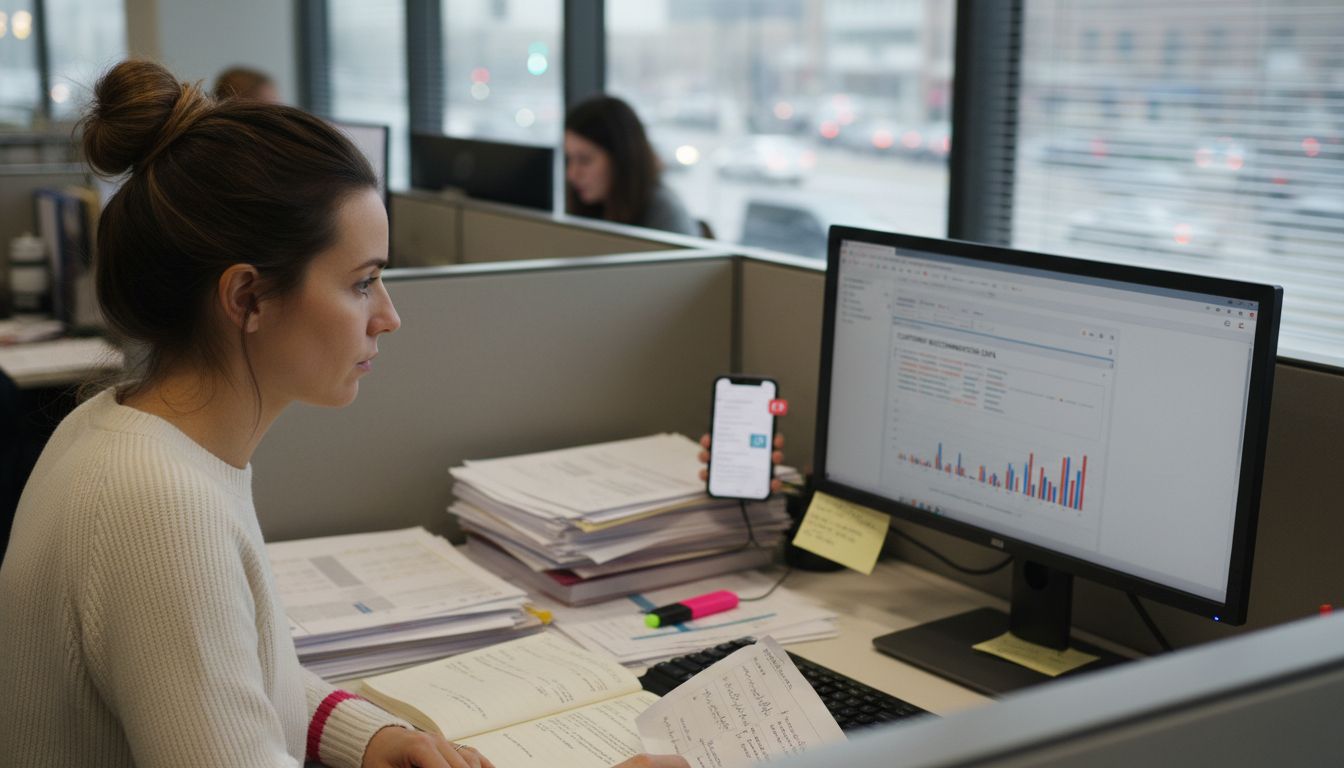 Retail analyst viewing recommendation data at desk