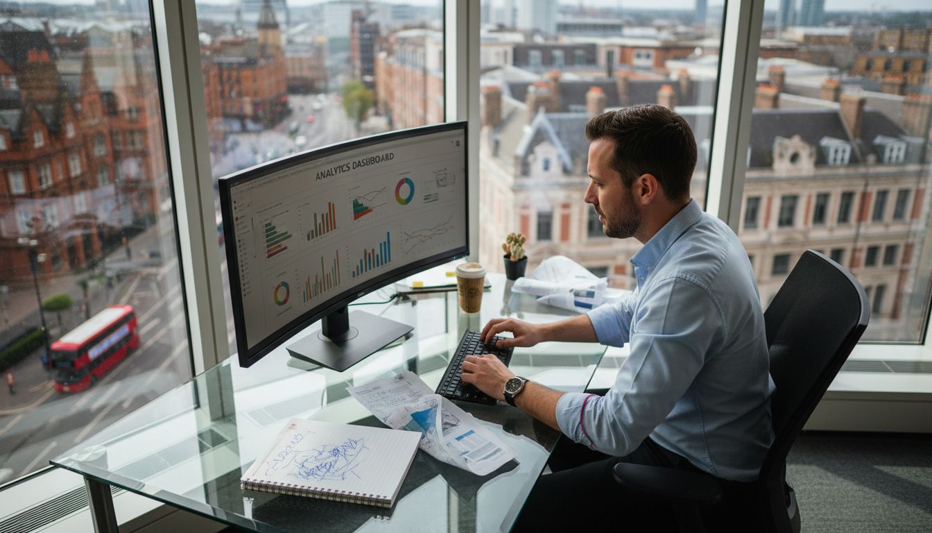 Marketer analyzing data in city office workspace