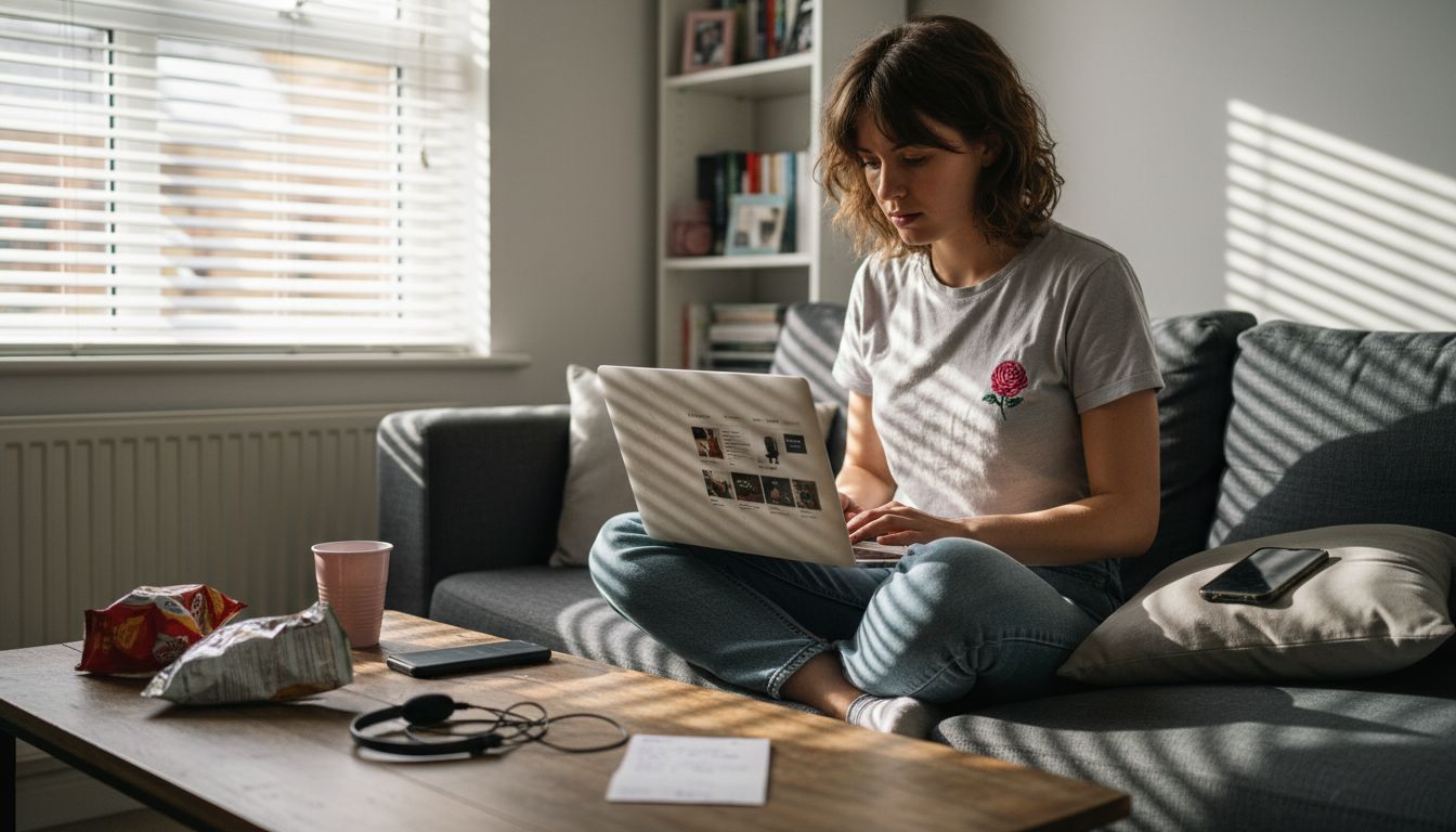 Shopper reading product reviews at home