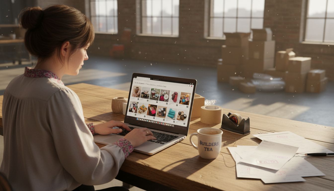 Ecommerce store owner working at laptop