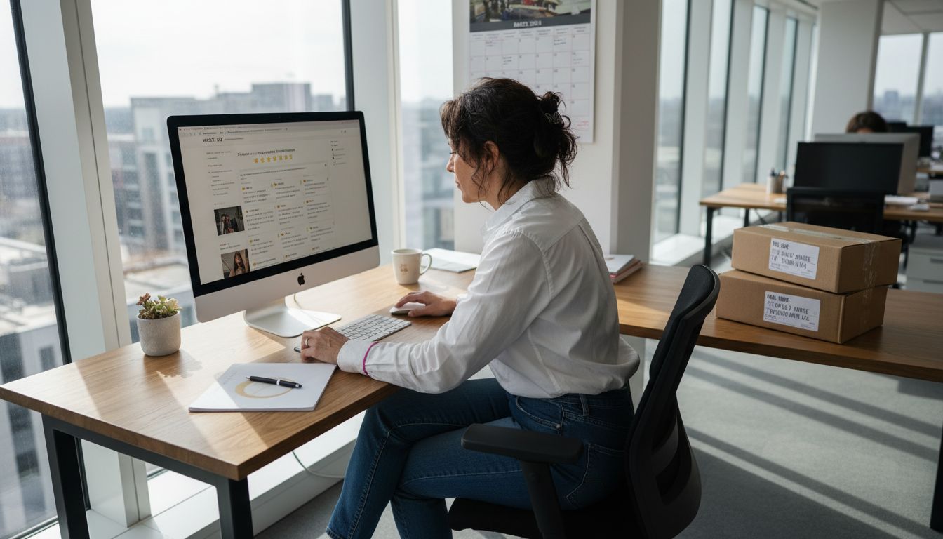 E-commerce manager reviewing online store reputation