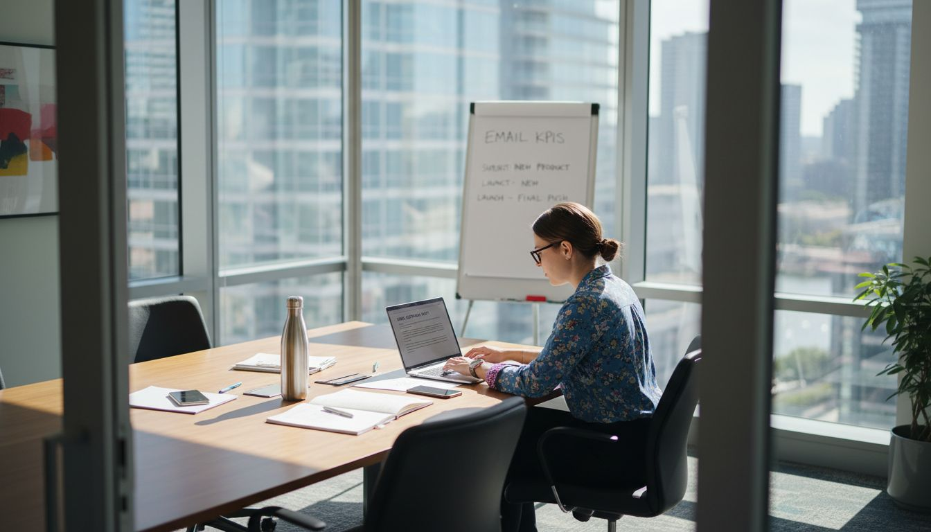 Marketing manager reviewing email campaign at office table