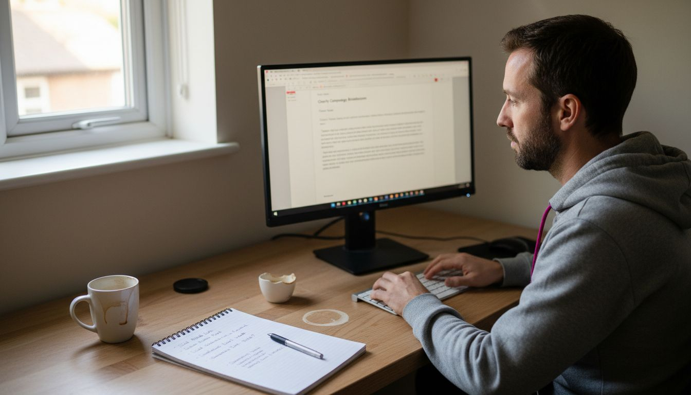 Man writing ecommerce promotional email at desk