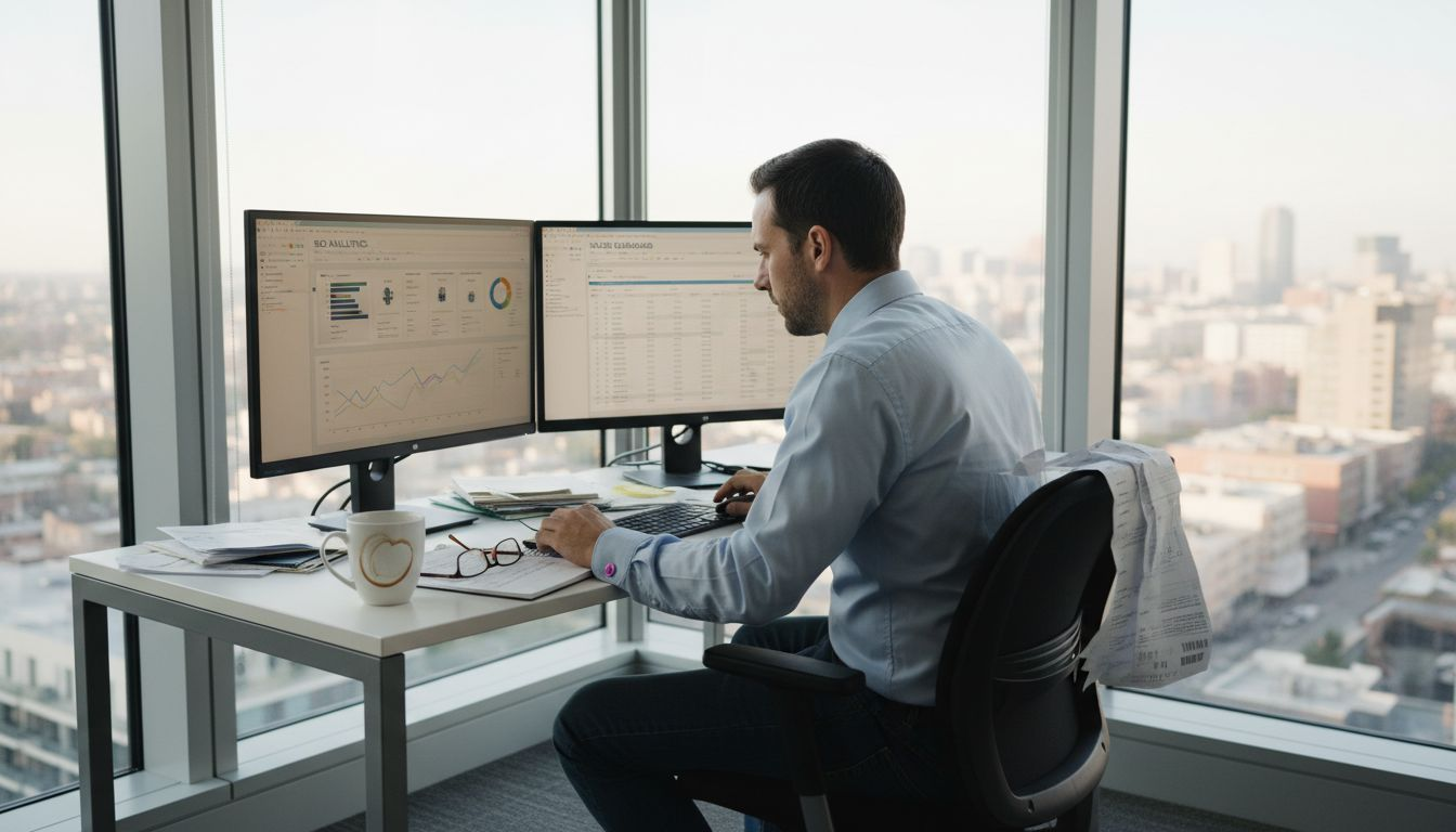 Ecommerce manager reviewing SEO dashboard at messy desk