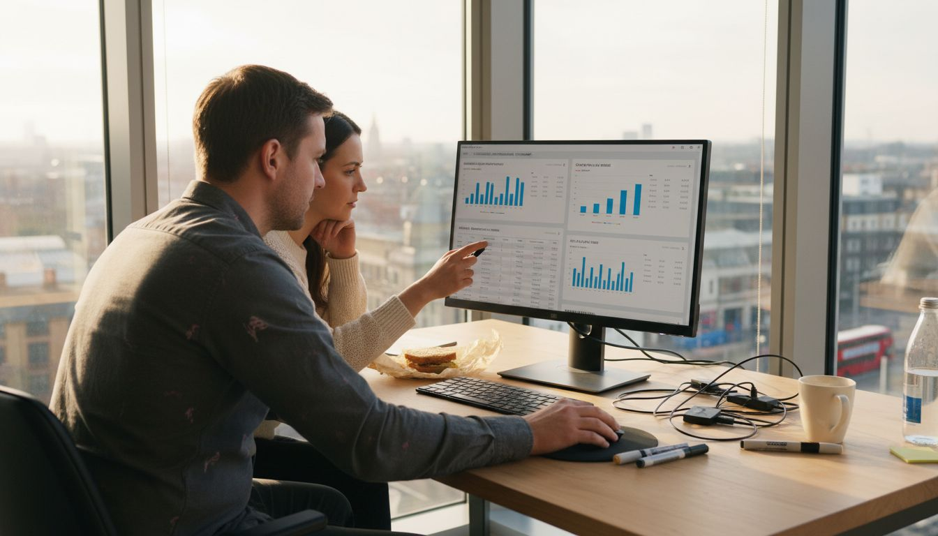 eCommerce team reviewing ad dashboard in office