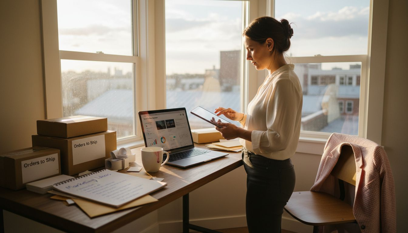 Ecommerce owner multitasking at marketing workspace