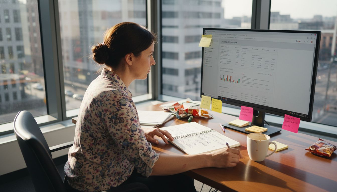 Marketer reviewing ads in city corner office
