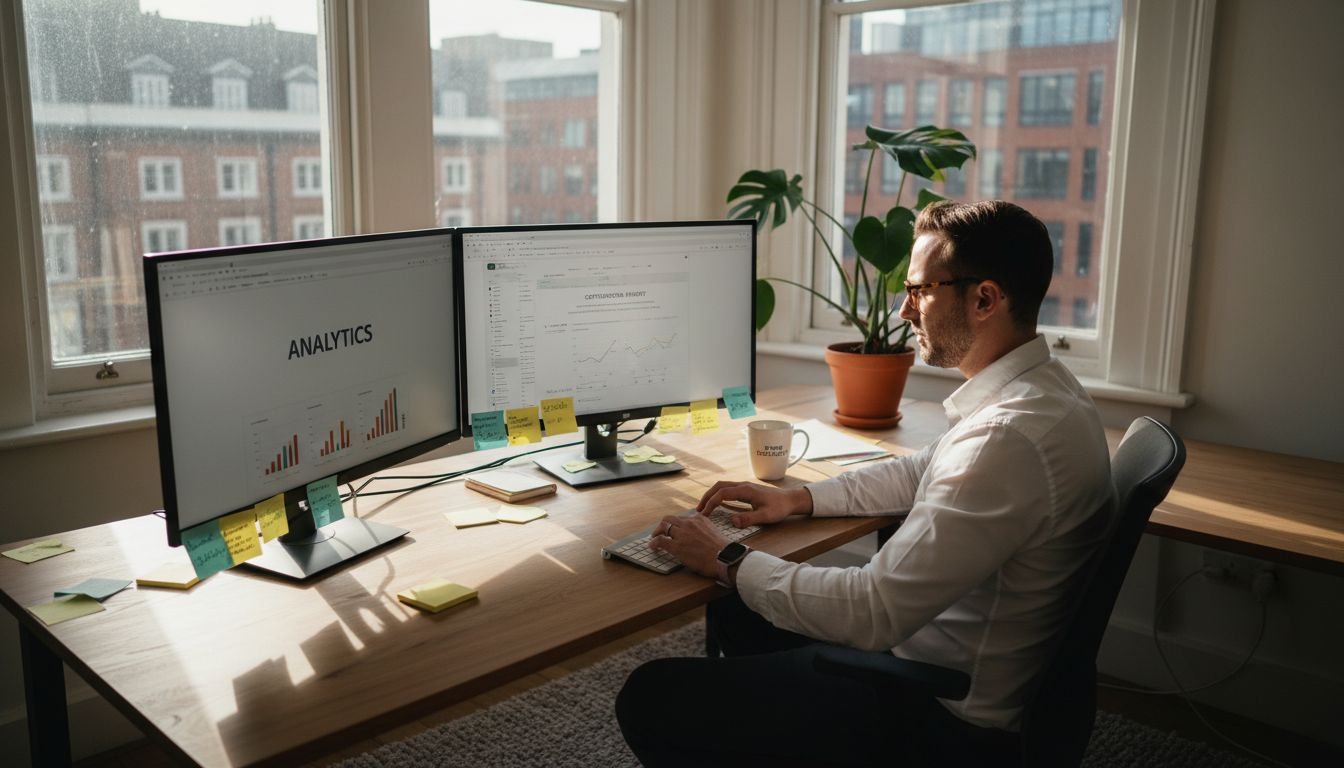 SEO strategist working in sunny corner office