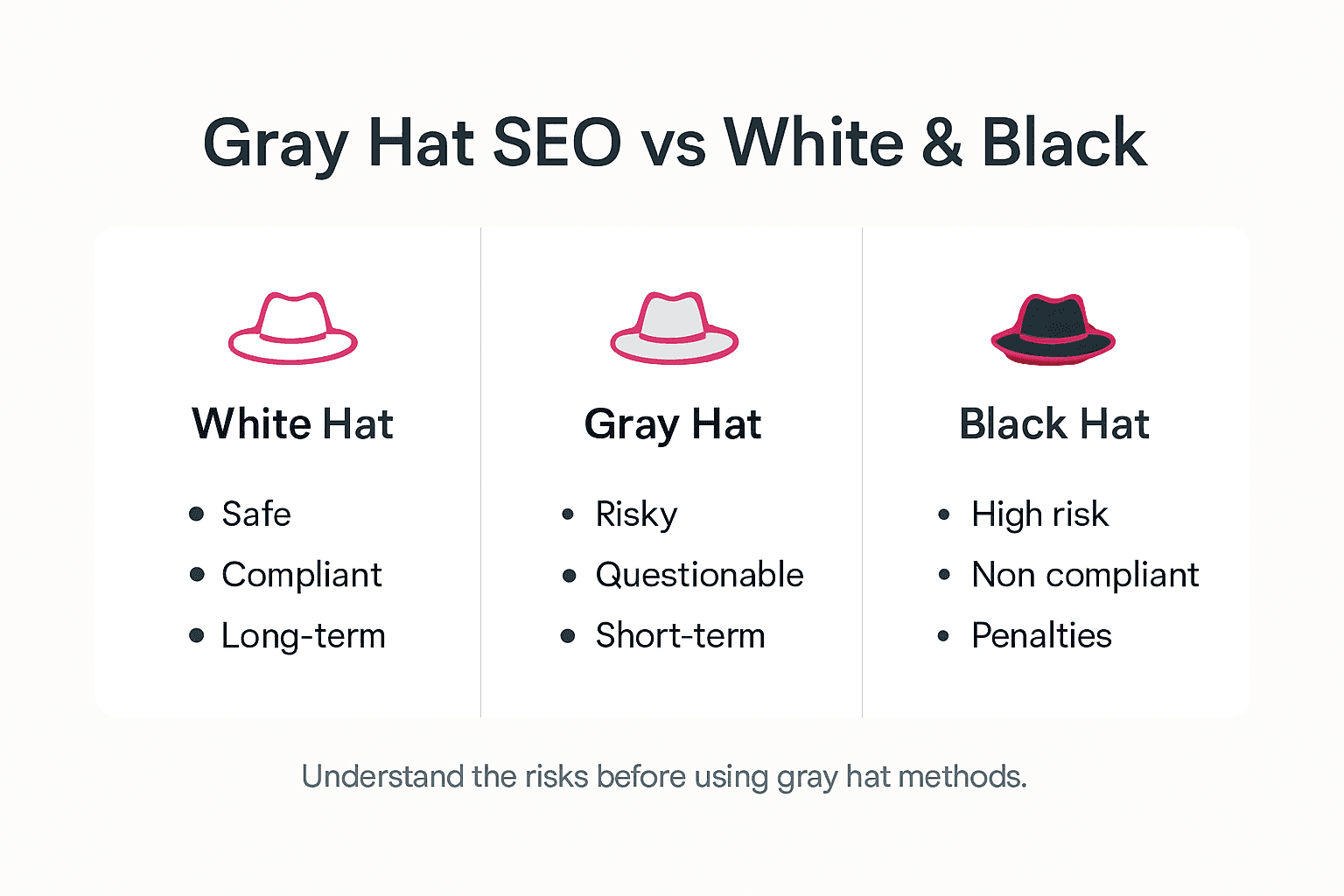 Infographic comparing white, gray, and black hat SEO