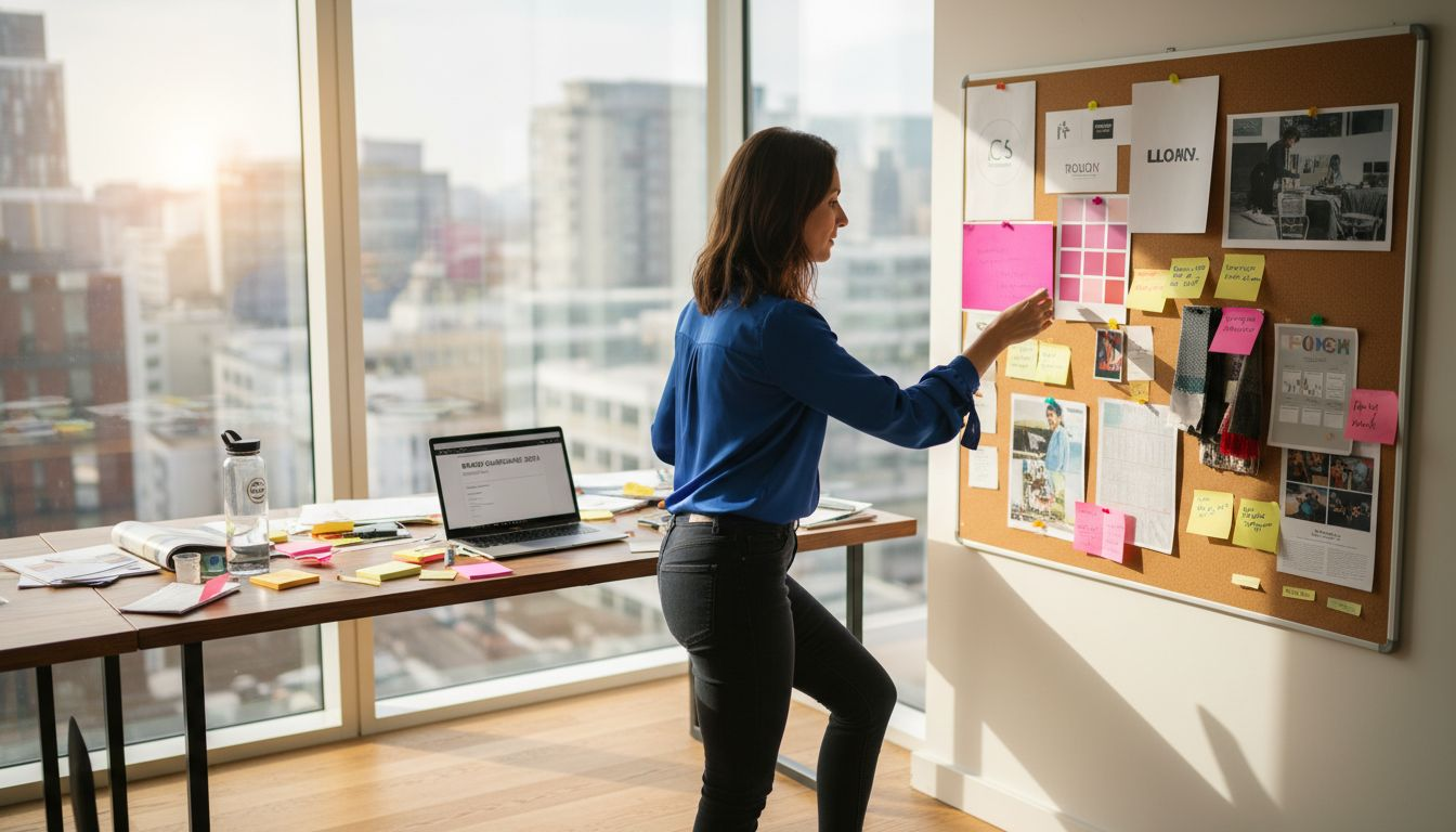 Brand manager updating mood board in office