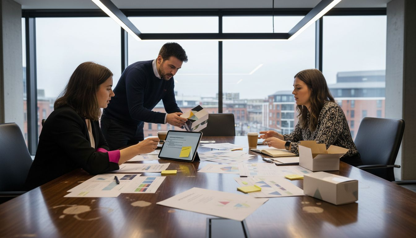 Team reviewing branding and packaging samples