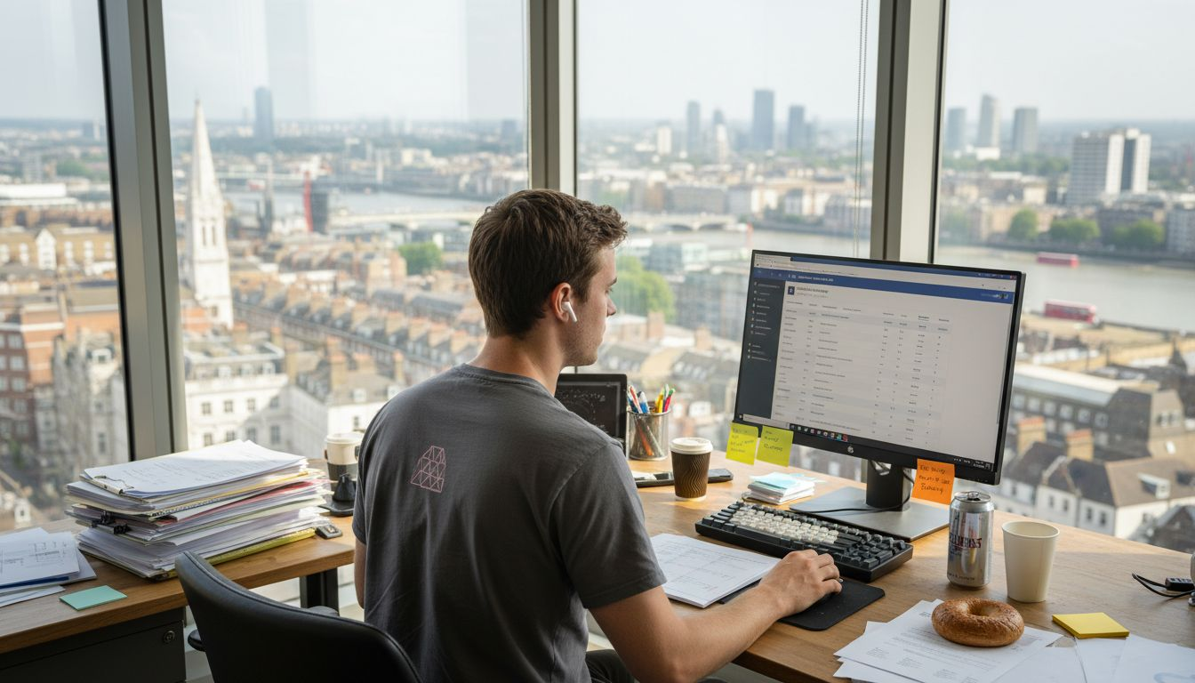 Marketer building Facebook Ads campaign in office