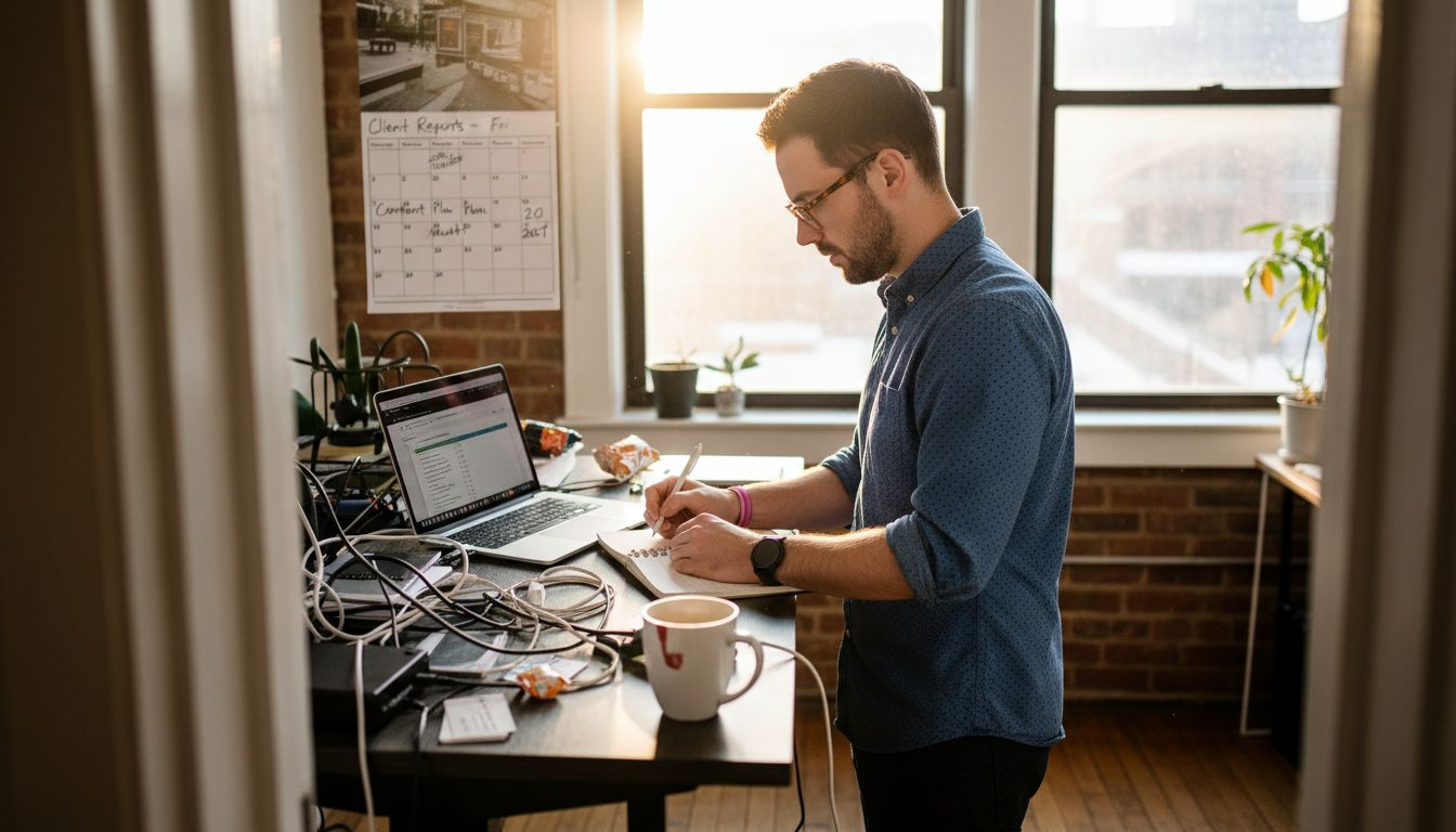 SEO strategist checking audit at cluttered desk