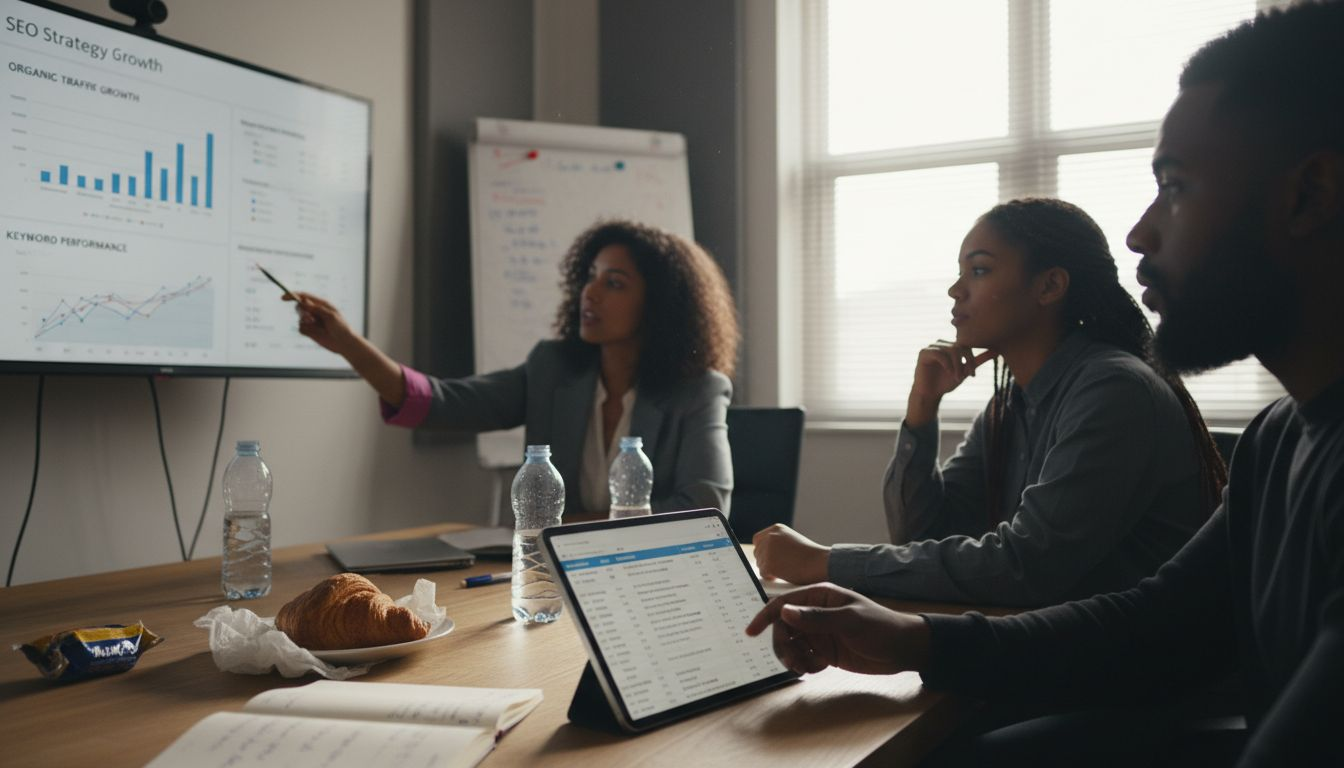 SEO team reviews strategy presentation together
