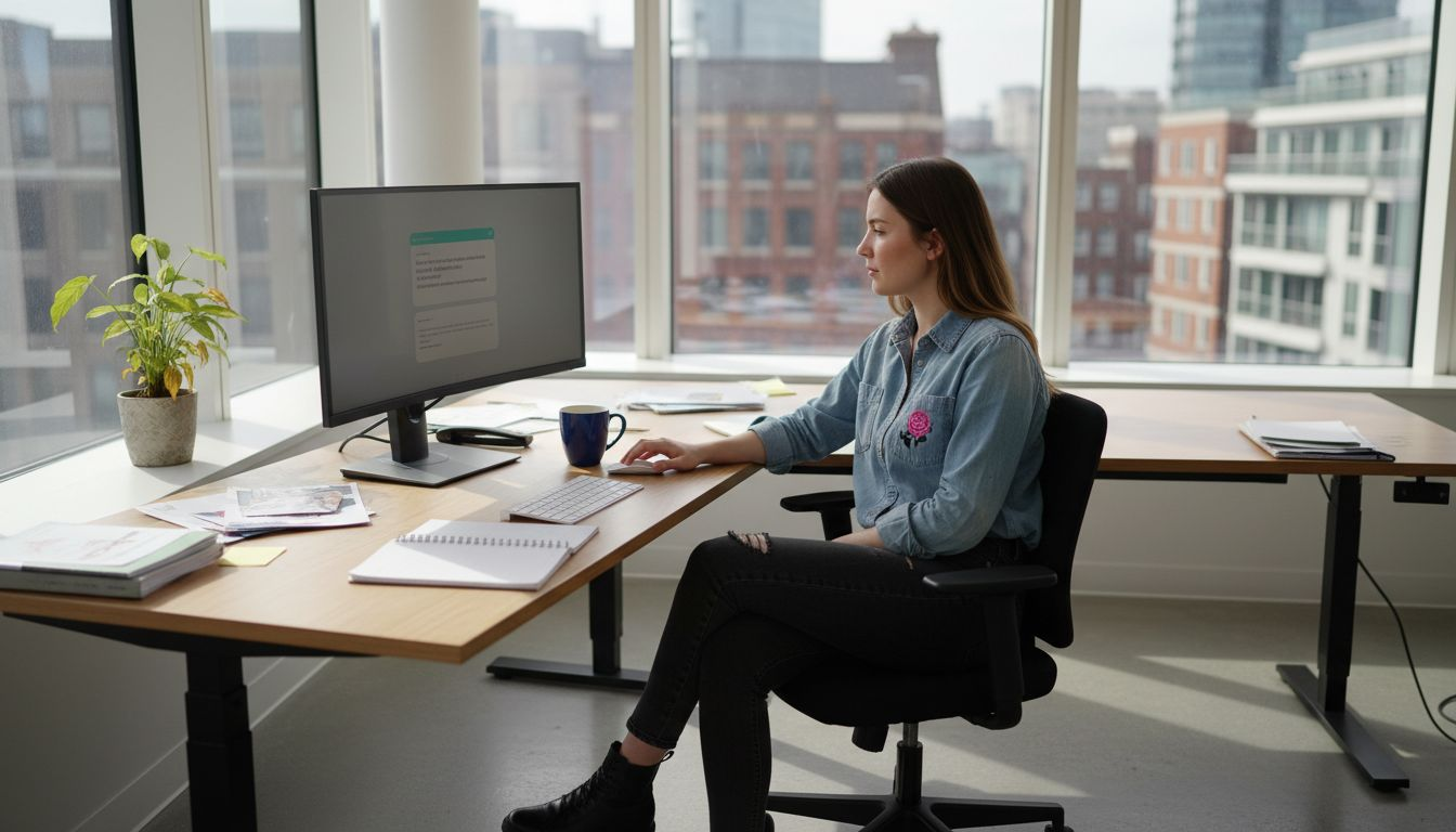 Marketer using chatbot at office desk