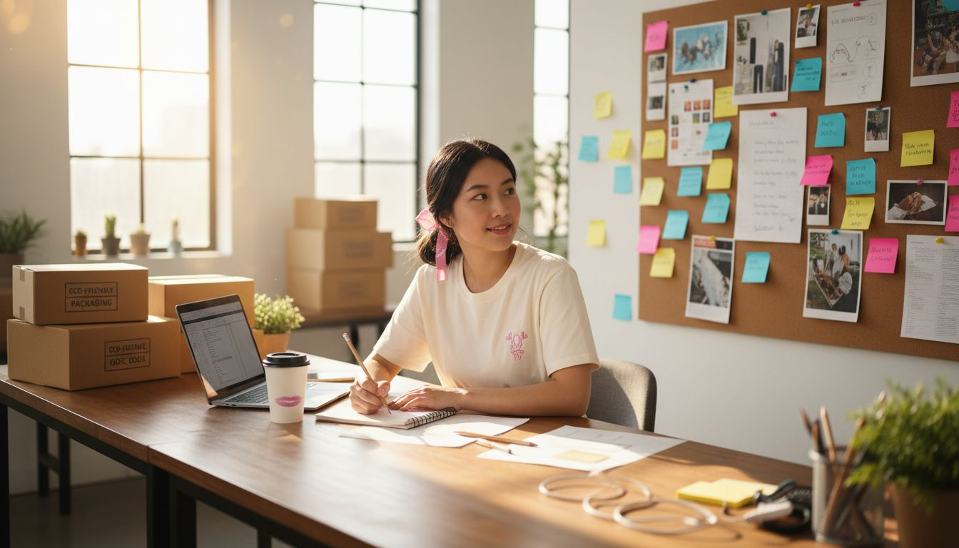 Marketer brainstorming ecommerce campaign at bright desk