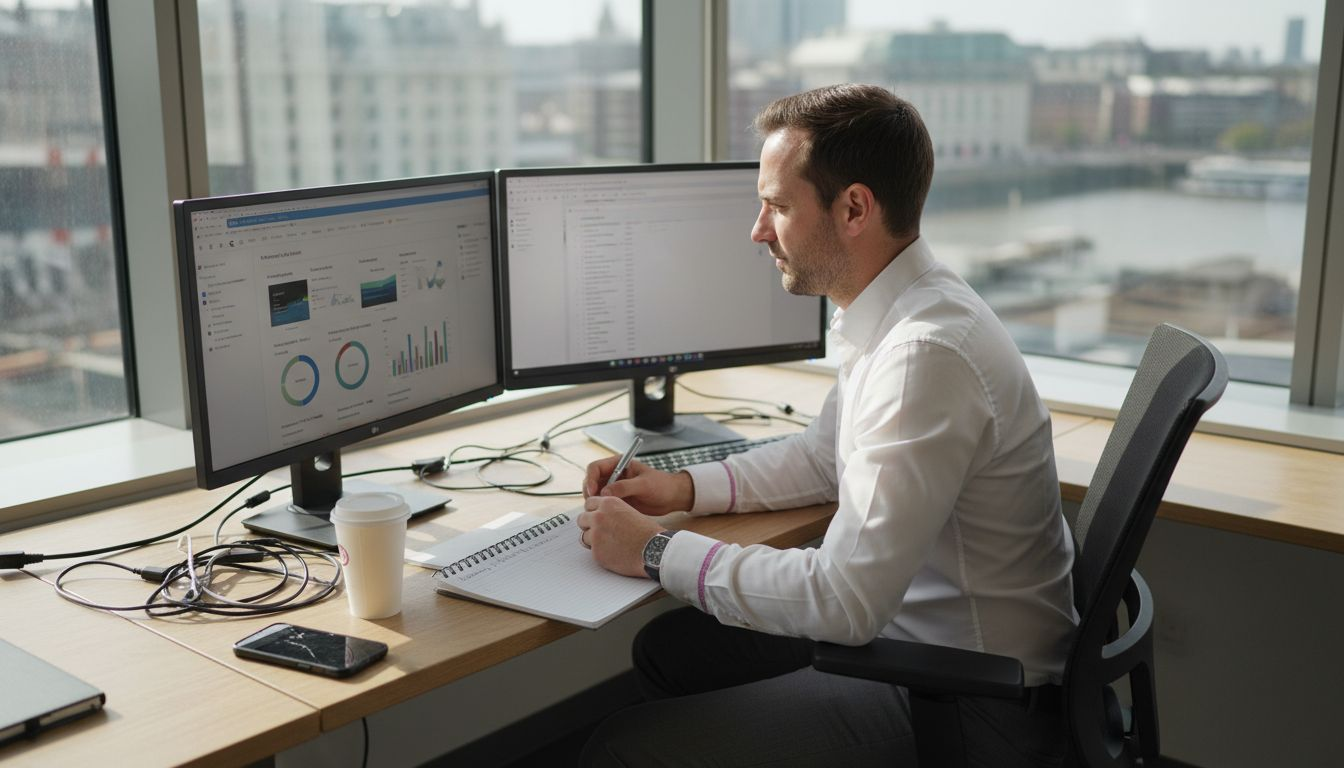 eCommerce manager analyzing marketing data workspace