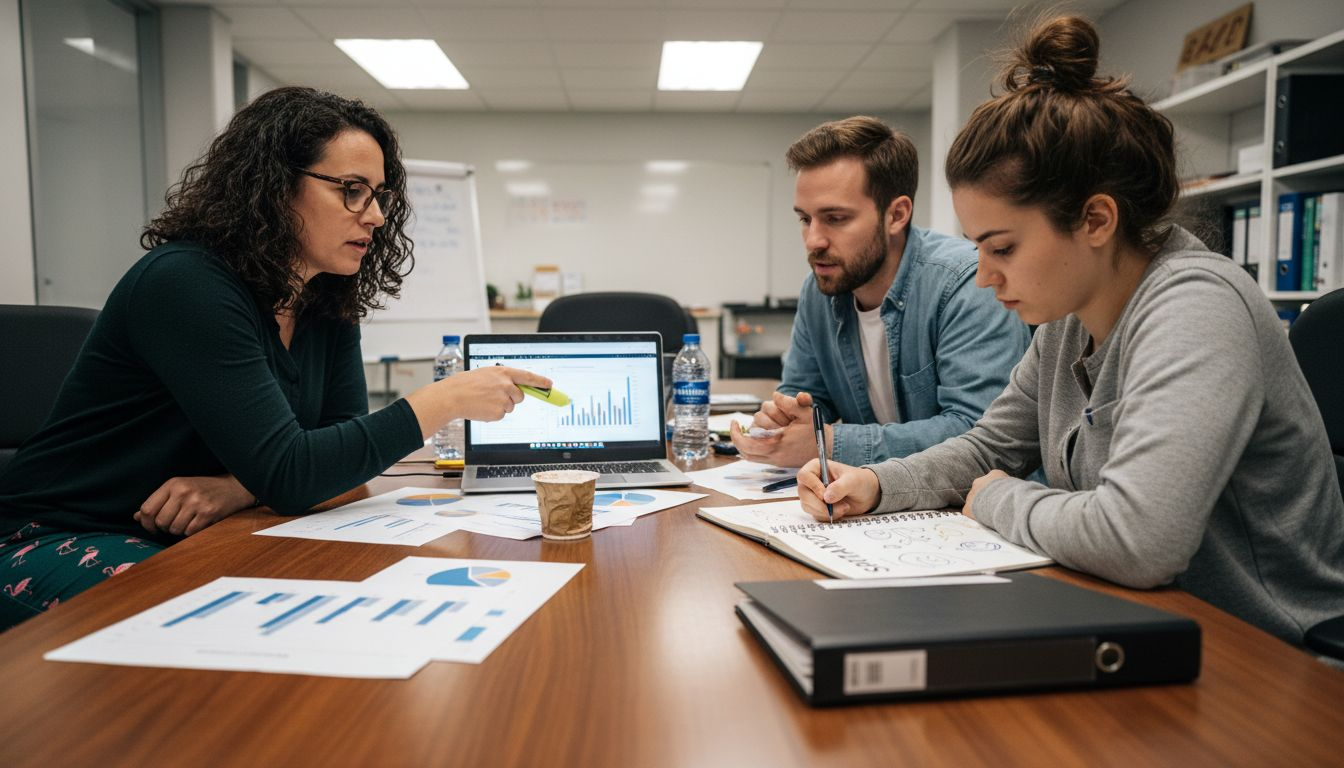 Team discussing predictive marketing analytics charts