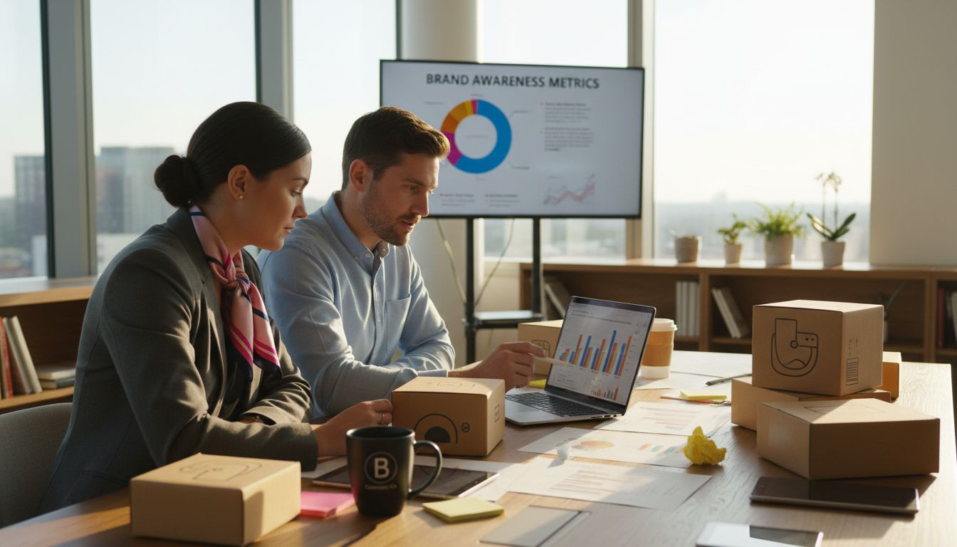 Ecommerce managers reviewing brand awareness metrics