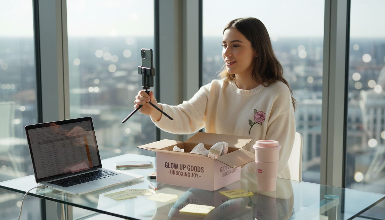 Influencer making unboxing video in office