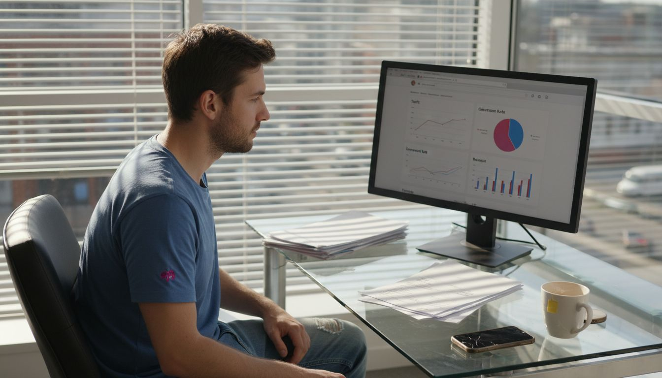 eCommerce owner reviewing key marketing metrics