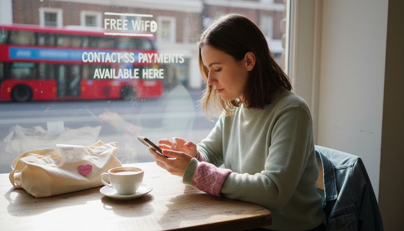 Woman using mobile commerce in café setting