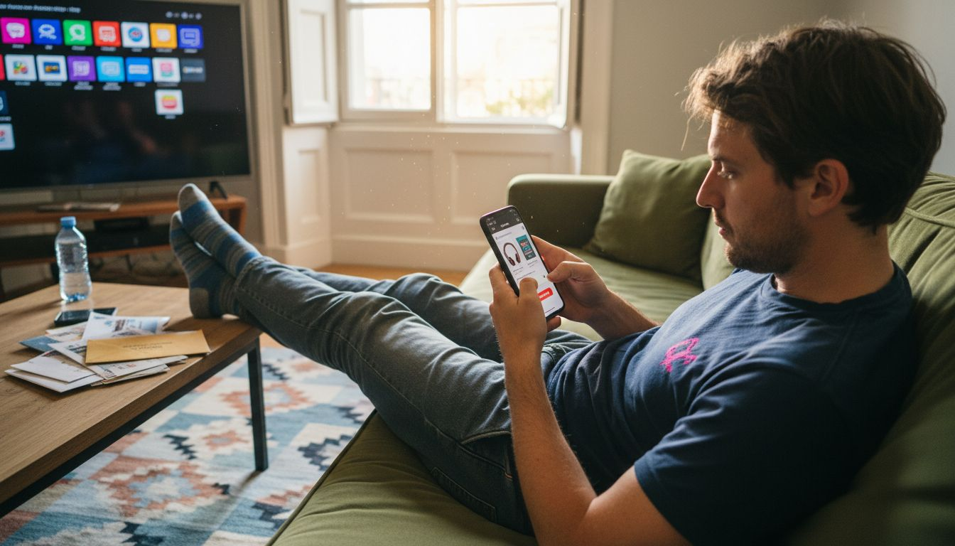 Man shopping on mobile in living room