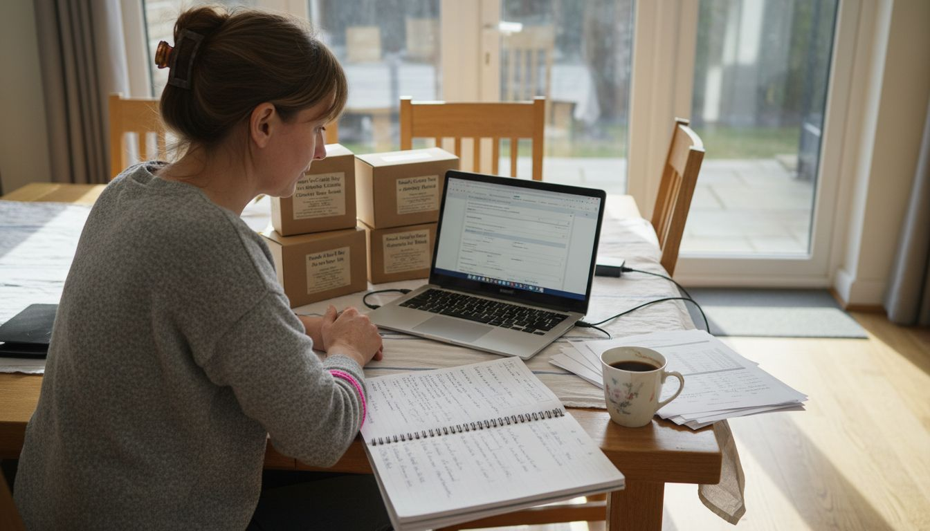 Shop owner updating product listings at table