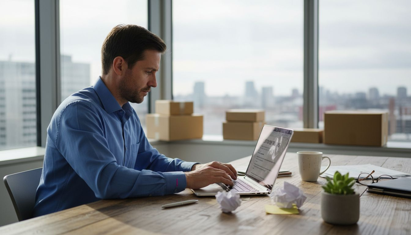 Business owner reviewing customer testimonials in office