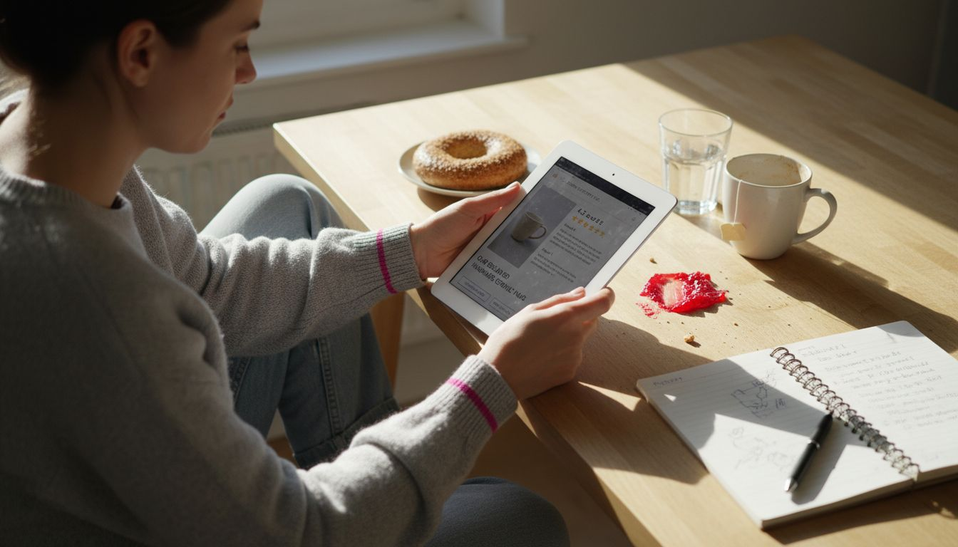 Customer reading product reviews on kitchen tablet