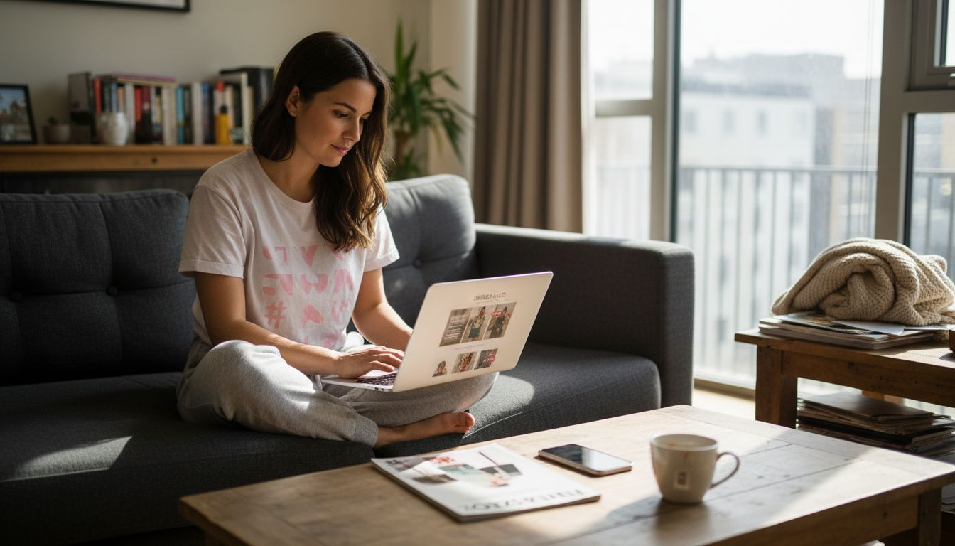 Woman using laptop to shop online from sofa
