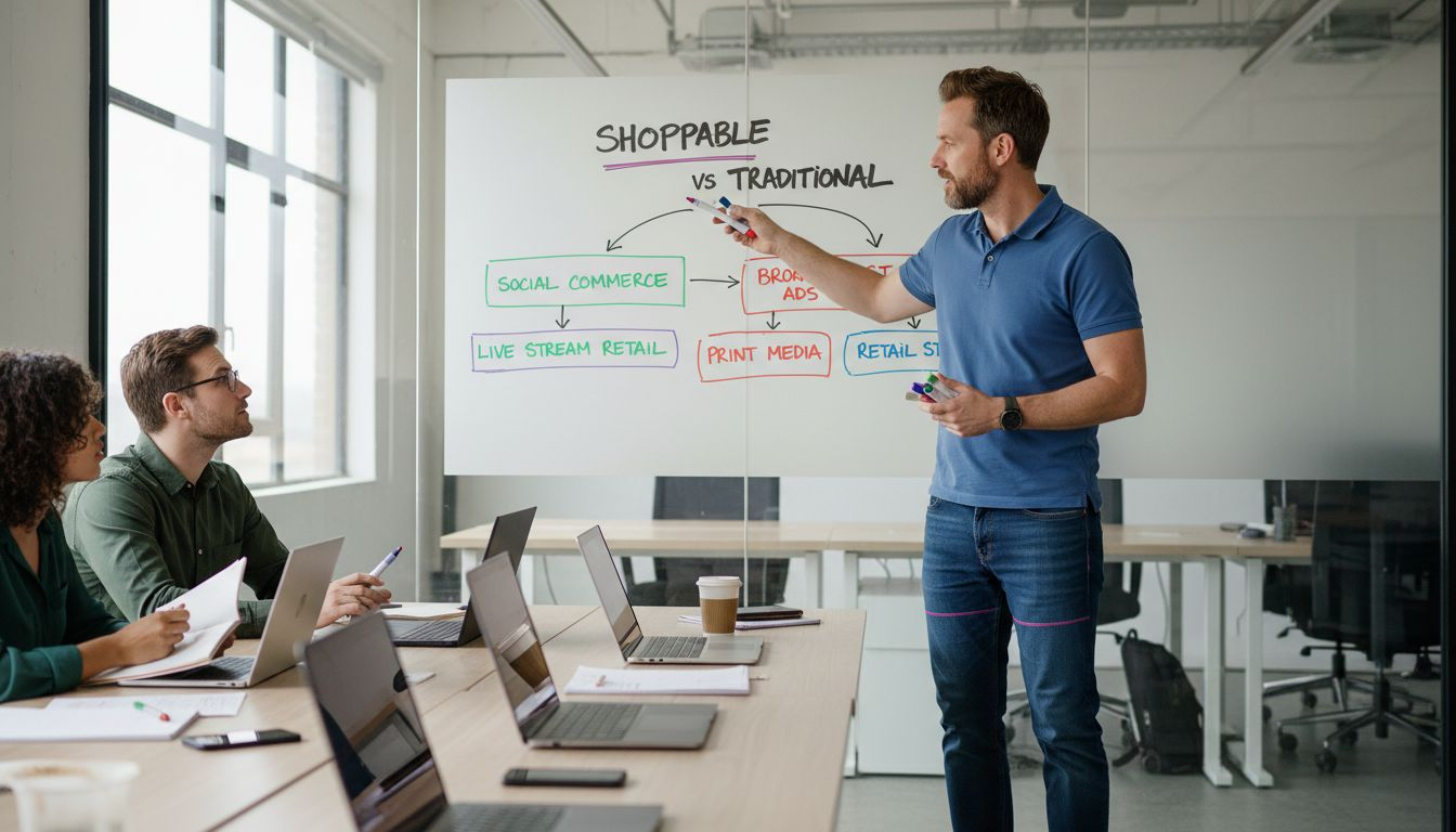 Presenter comparing shoppable and traditional marketing