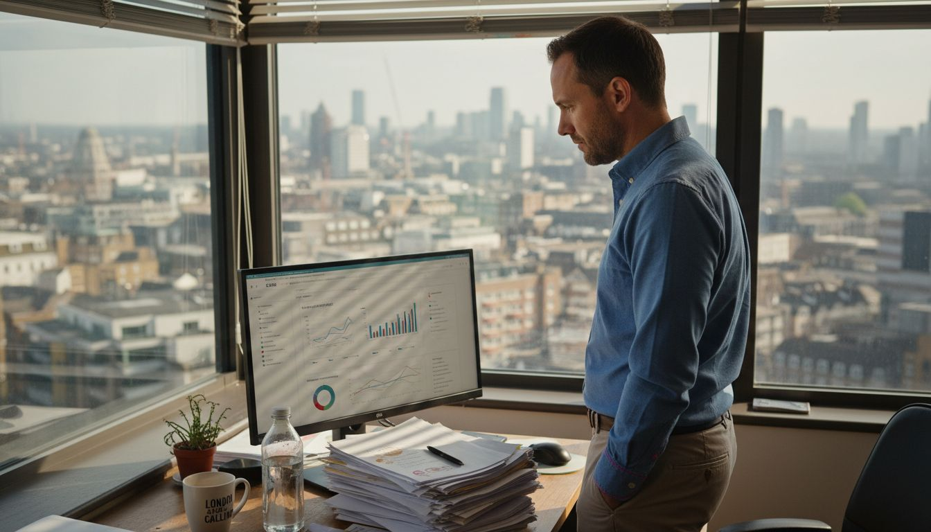 E-commerce manager reviews analytics in corner office