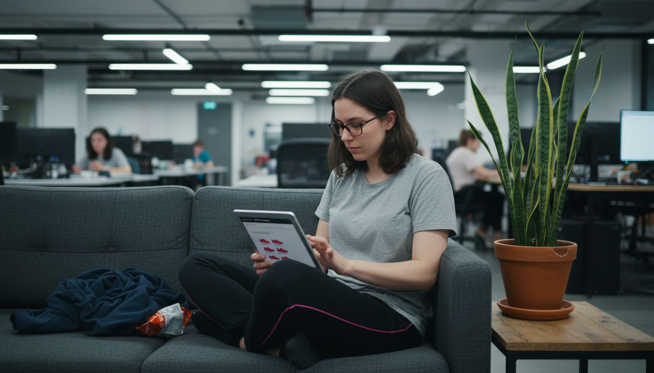 User searching products on tablet in office