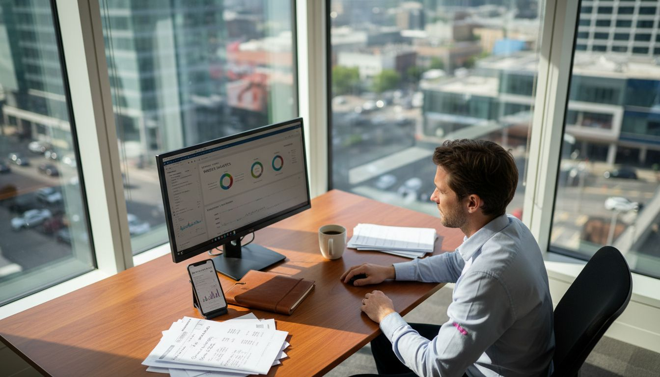 eCommerce manager reviewing analytics in corner office