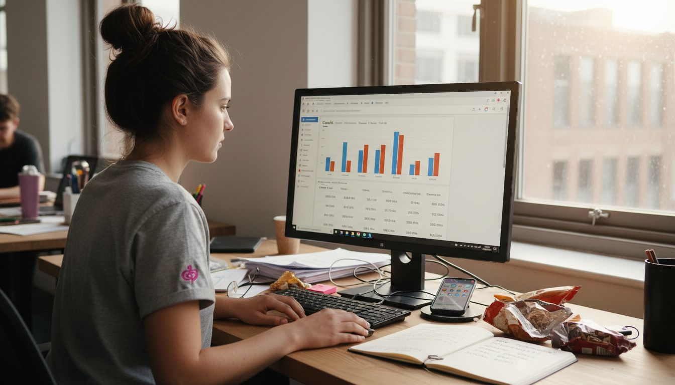 E-commerce manager checks paid search analytics at desk