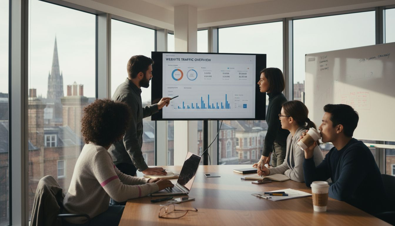 eCommerce team reviews analytics data in office