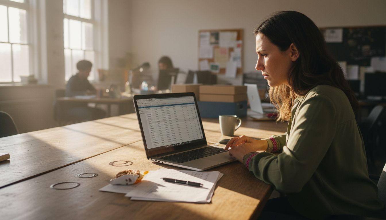 Retail specialist checks product feed spreadsheet